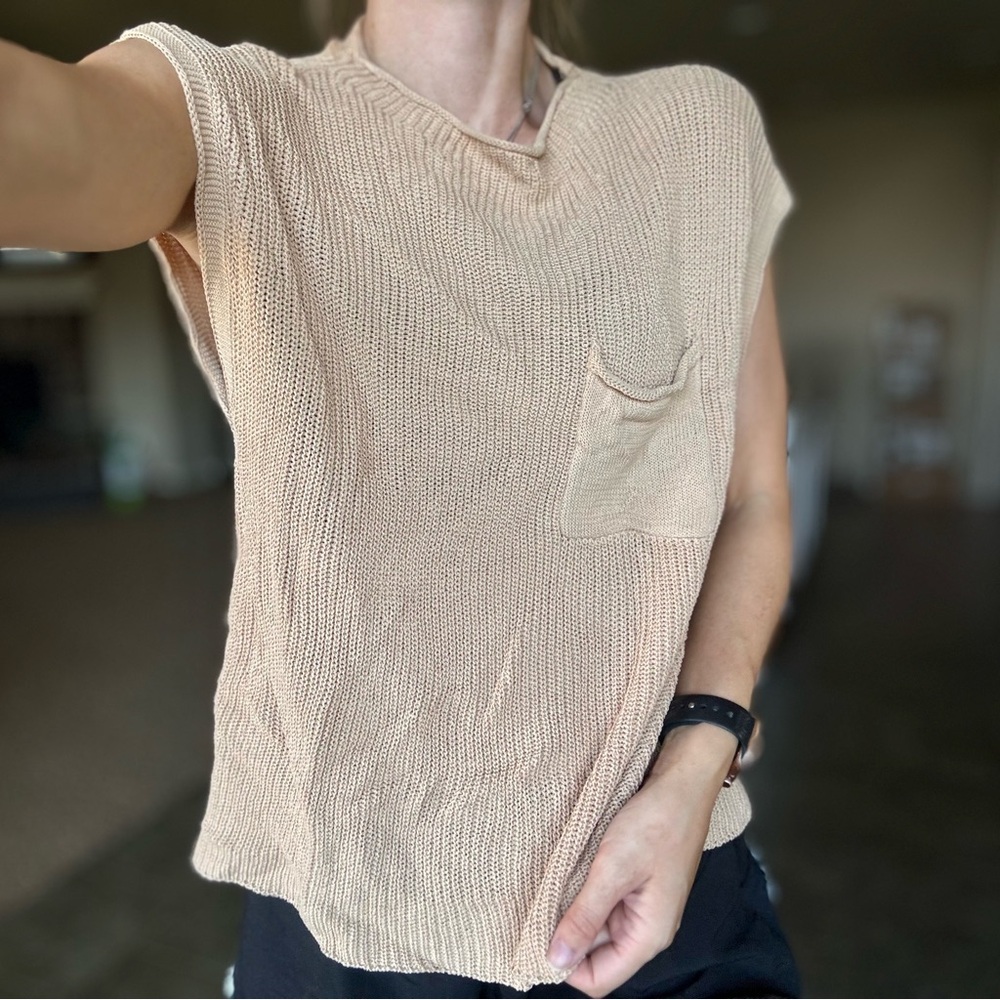 Tan Brown Woven Flowy Tank Top Muscle Shirt Pocket S